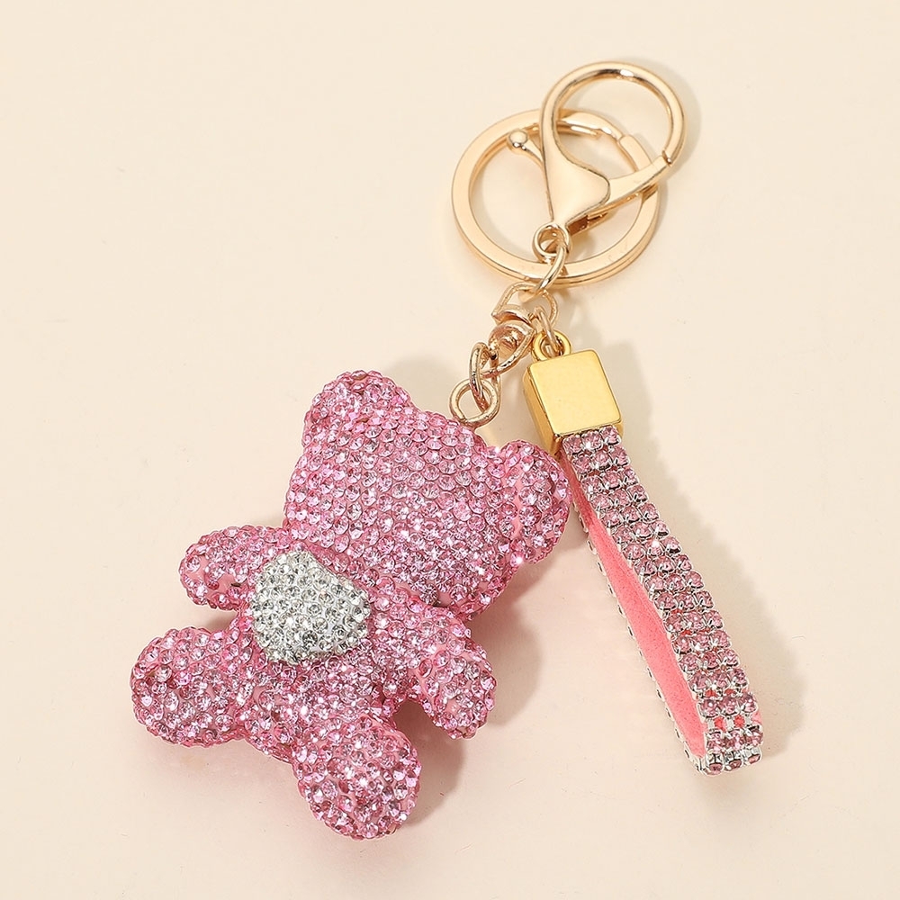 Pink Rhinestone Teddy Bear Heart Bling Studded Bag Charm Keychain Wrist Strap